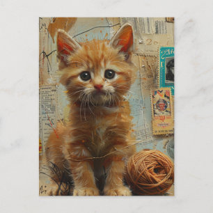 Ginger Kitten Yarn Collage Mixed Media Postkarte