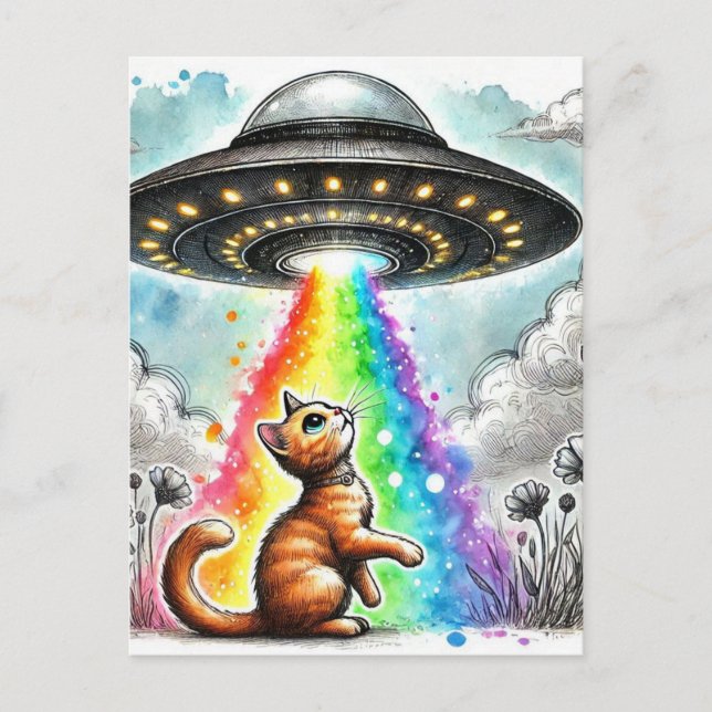 Ginger Kitty und UFO Postkarte (Vorderseite)