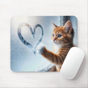 Ginger Kitty with Frosty Window Heart Mousepad