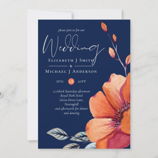 Ginger Navy Blauer Herbst Hochzeit im Herbst lädt  Einladung (Vorderseite)