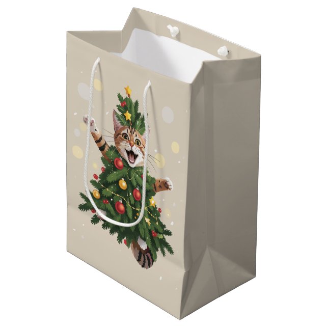 Ginger Orange Cat Weihnachtsbaum Niedlichen Weihna Mittlere Geschenktüte (Vorderseite Schrägansicht)