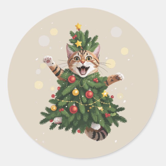 Ginger Orange Cat Weihnachtsbaum Niedlichen Weihna Runder Aufkleber (Vorderseite)