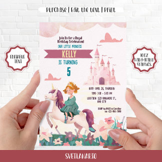 Ginger Princess Riding Unicorn Party Einladung