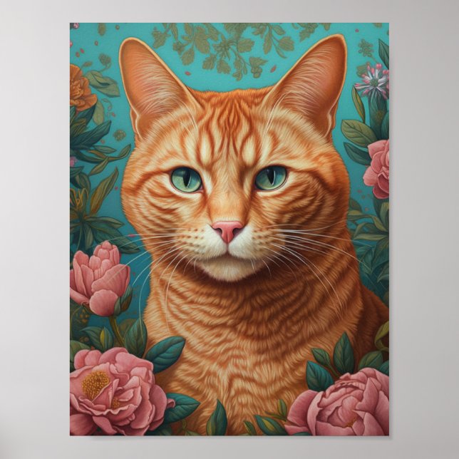 Ginger Tabby Cat and Peonies Poster (Vorne)