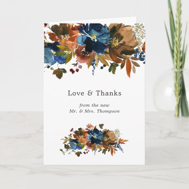Ginger und Navy Floral Wedding Foto Dankeskarte (Vorderseite)