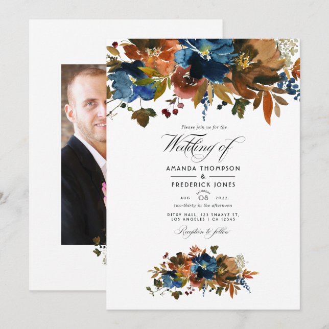Ginger und Navy Floral Wedding Foto Einladung (Vorne/Hinten)