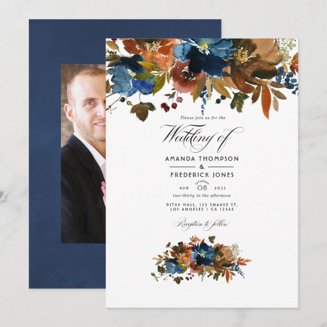 Ginger und Navy Floral Wedding Foto Einladung (Vorne/Hinten)