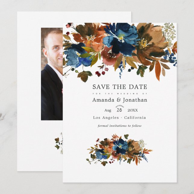 Ginger und Navy Floral Wedding Foto Save The Date (Vorne/Hinten)