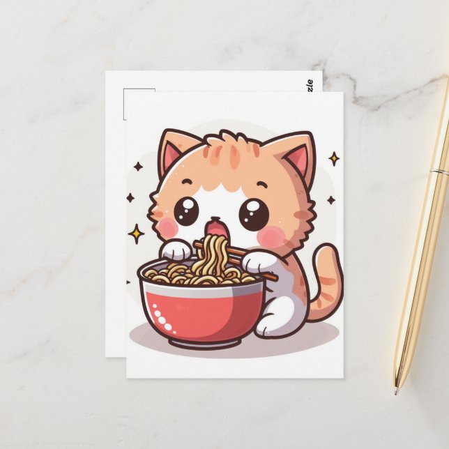 Ginger und White Kitten Eating Ramen Postkarte (Vorderseite/Rückseite Beispiel)