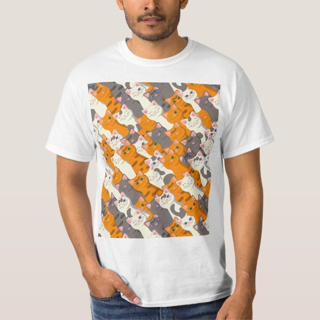 Ginger Weiße Katze Diagonalmuster T-Shirt (Vorderseite)
