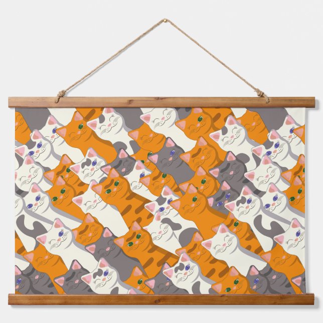 Ginger Weiße Katze Diagonalmuster Wandteppich Mit Holzrahmen (Vorne)