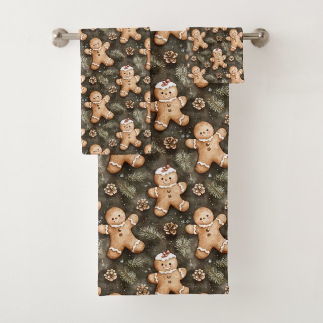 Gingerbread and Pinecone Christmas Pattern Badhandtuch Set (Insitu)