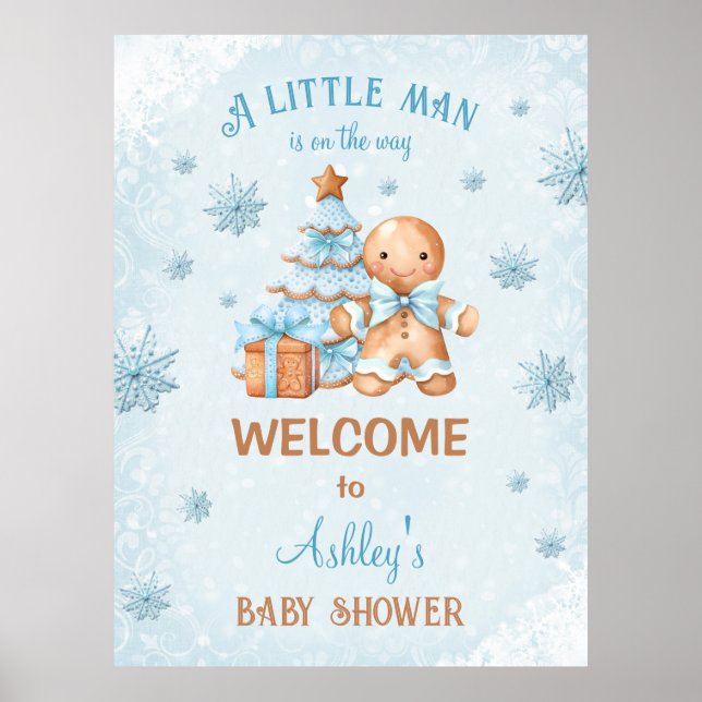 Gingerbread Boy Blue Christmas Baby Dusche Digital Poster (Vorne)