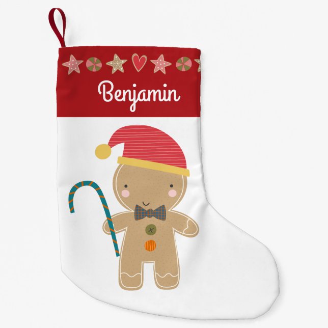 Gingerbread Boy Holiday Cookie Roter Grenzname Kleiner Weihnachtsstrumpf (Vorderseite)