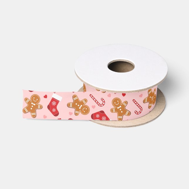 Gingerbread Candy Cane Stockings Pink Christmas Satinband (Spule)
