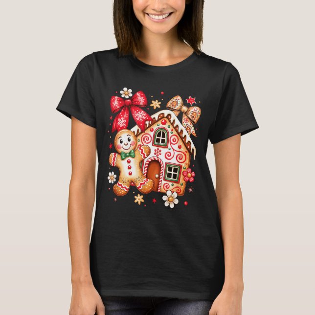 Gingerbread Christmas Bow Christmas House Retro Co T-Shirt (Vorderseite)
