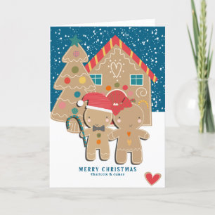 Gingerbread Couple Christmas Tree in Snow Feiertagskarte