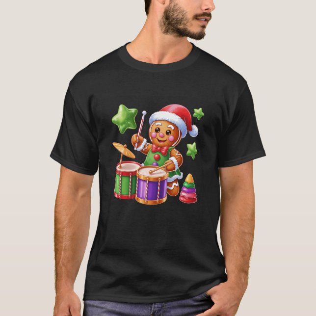 Gingerbread Drummer Candy Cane Christmas Fun T-Shirt (Vorderseite)