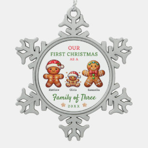 Gingerbread-Familie der drei ersten Weihnachten Schneeflocken Zinn-Ornament