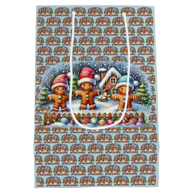 Gingerbread Family Snowy Christmas Scene Mittlere Geschenktüte (Rückseite)