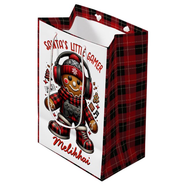 Gingerbread Gamer Red & Black Kariert Weihnachten Mittlere Geschenktüte (Vorderseite Schrägansicht)