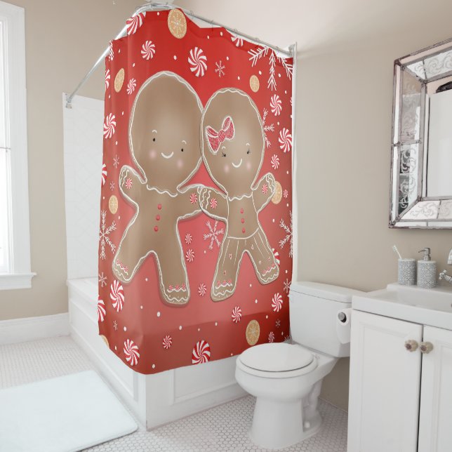 Gingerbread Girl Boy Peppermint Weihnachtsfeiertag Duschvorhang (Beispiel)