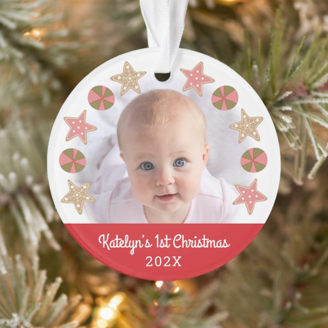 Gingerbread Girl Red Baby First Christmas Foto Ornament (Baum)