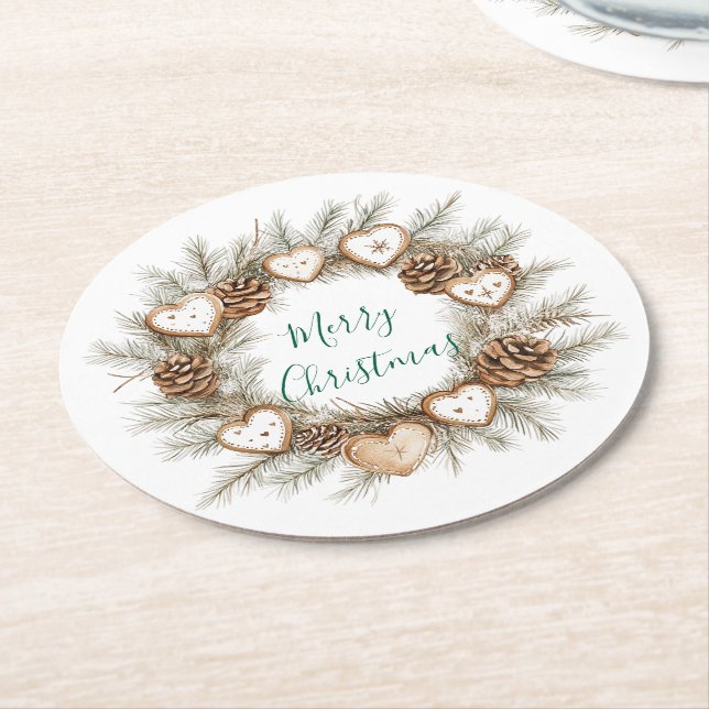 Gingerbread Hearts Pine Cones Wreath Christmas Runder Pappuntersetzer (Angewinkelt)
