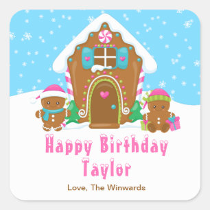 Gingerbread House Blue and Pink Happy Birthday Quadratischer Aufkleber