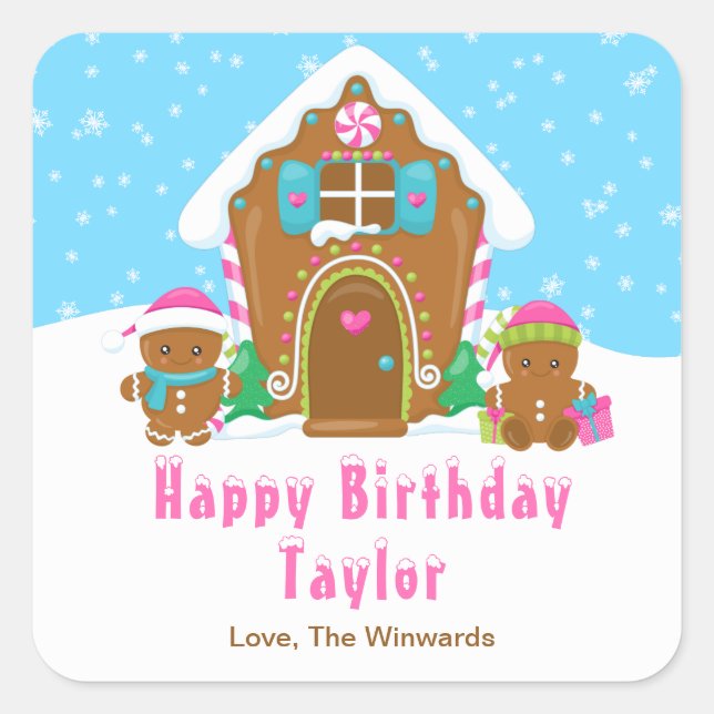 Gingerbread House Blue and Pink Happy Birthday Quadratischer Aufkleber (Vorderseite)
