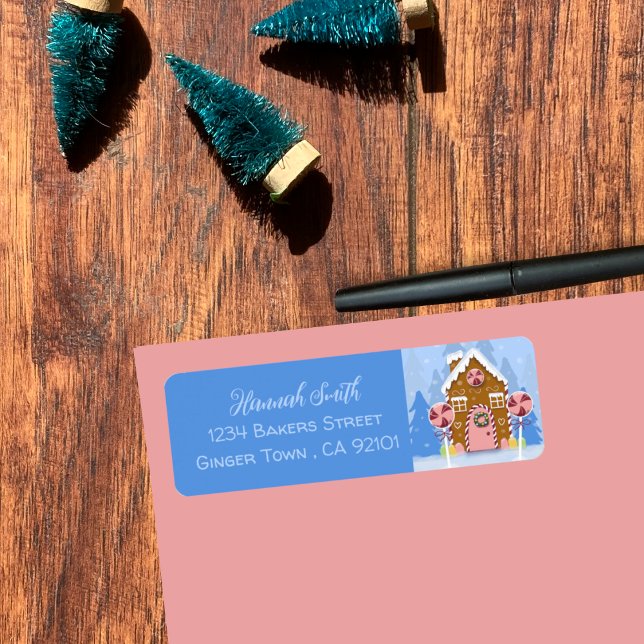 Gingerbread House Blue Rücksendeadressen-Aufkleber (Gingerbread house blue return address labels .)