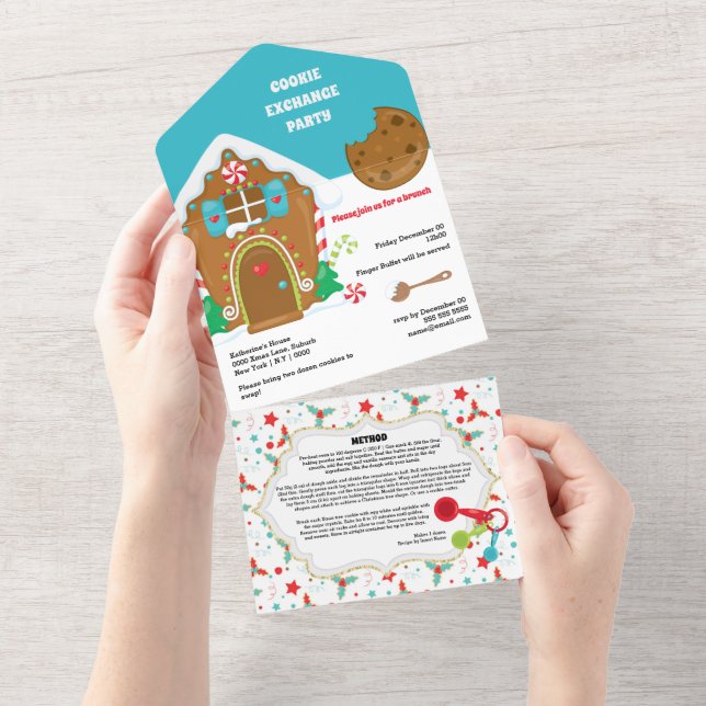 Gingerbread House Cookie Austausch mit Rezeptkarte All In One Einladung (Abreißen)