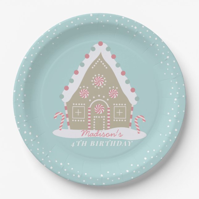 Gingerbread House Decoration Birthday Blue Pappteller (Vorderseite)
