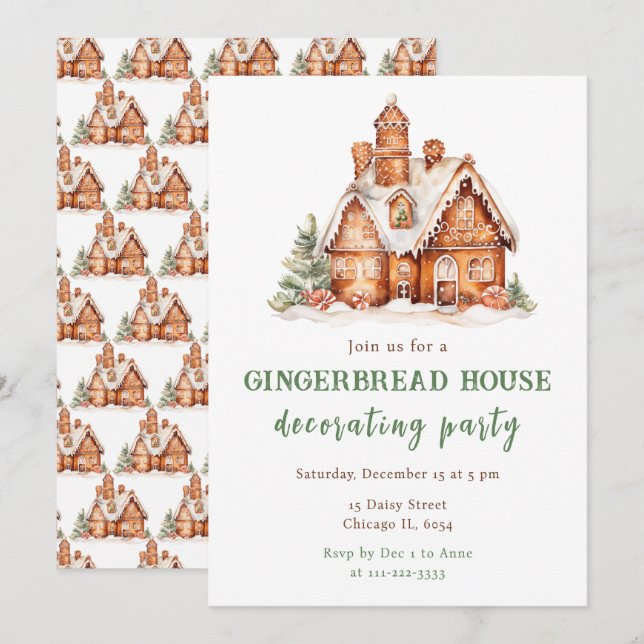 Gingerbread House Dekorieren Weihnachtsgebäck Part Einladung (Vorne/Hinten)
