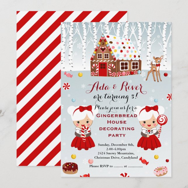 Gingerbread House Geburtstagsparty Zwillinge Einla Einladung (Vorne/Hinten)