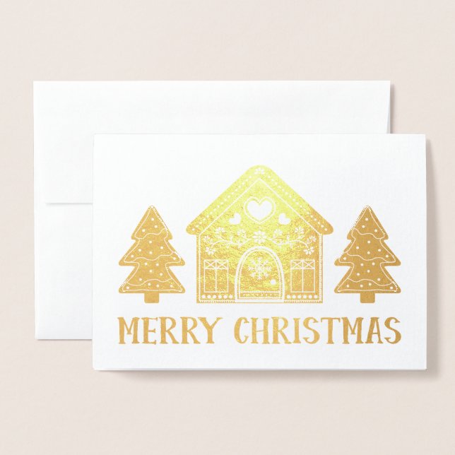Gingerbread House Gold Foil Frohe Weihnachten Folienkarte (Vorderseite mit Umschlag)