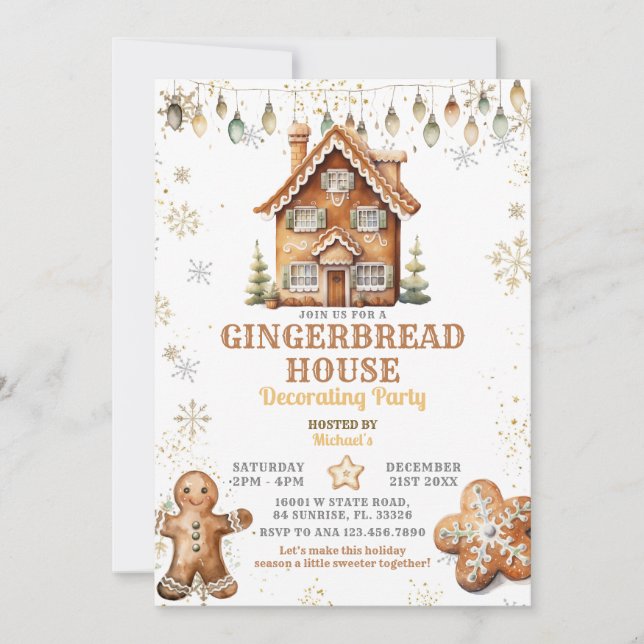 Gingerbread House Gold Weihnachtsdekoration Party Einladung (Vorderseite)