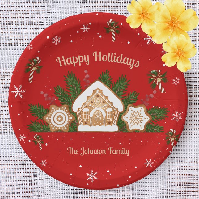 Gingerbread House Happy Holidays Red Pappteller (Von Creator hochgeladen)