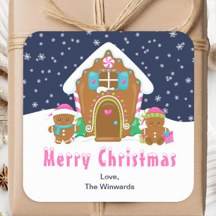 Gingerbread House Navy und Pink Frohe Weihnachten Quadratischer Aufkleber