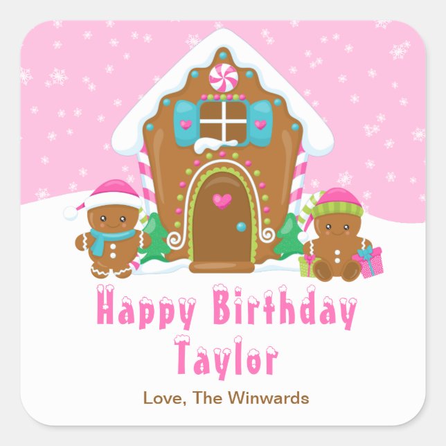 Gingerbread House Pink Happy Birthday Quadratischer Aufkleber (Vorderseite)