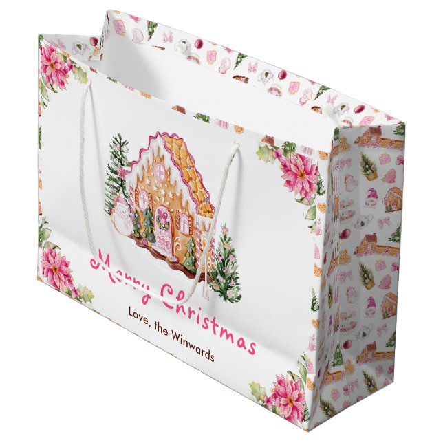 Gingerbread House Pink Merry Christmas Große Geschenktüte (Vorderseite Schrägansicht)