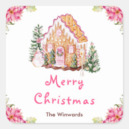 Gingerbread House Pink Merry Christmas Quadratischer Aufkleber