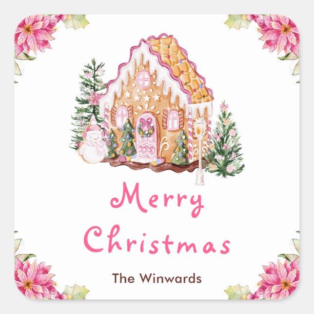 Gingerbread House Pink Merry Christmas Quadratischer Aufkleber (Vorderseite)