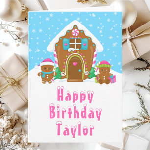 Gingerbread House Pink und Blue Happy Birthday Karte