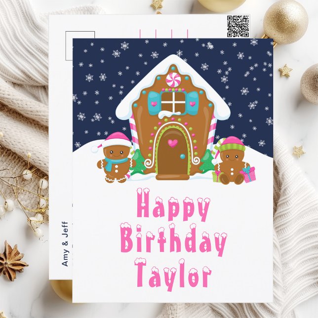 Gingerbread House Pink und Navy Happy Birthday Postkarte (Von Creator hochgeladen)