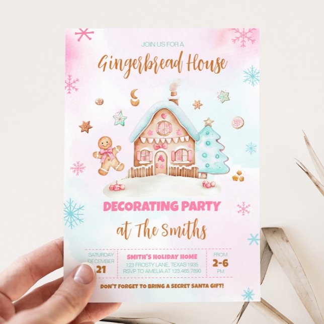 Gingerbread House Pink Weihnachtsdekoration Party Einladung (Gingerbread House Christmas Decorating Party Invitation)