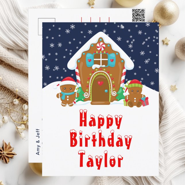 Gingerbread House Red and Navy Happy Birthday Postkarte (Von Creator hochgeladen)