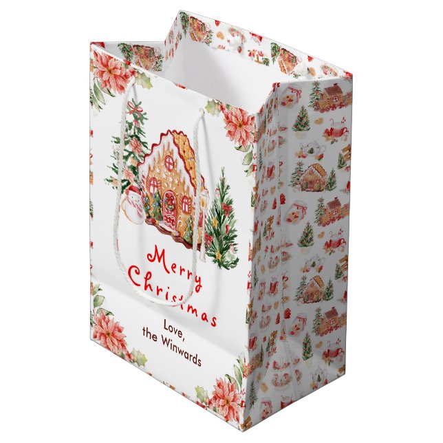 Gingerbread House Red Merry Christmas Mittlere Geschenktüte (Vorderseite Schrägansicht)