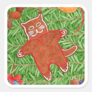 GINGERBREAD KITTY Large Square Sticker / White