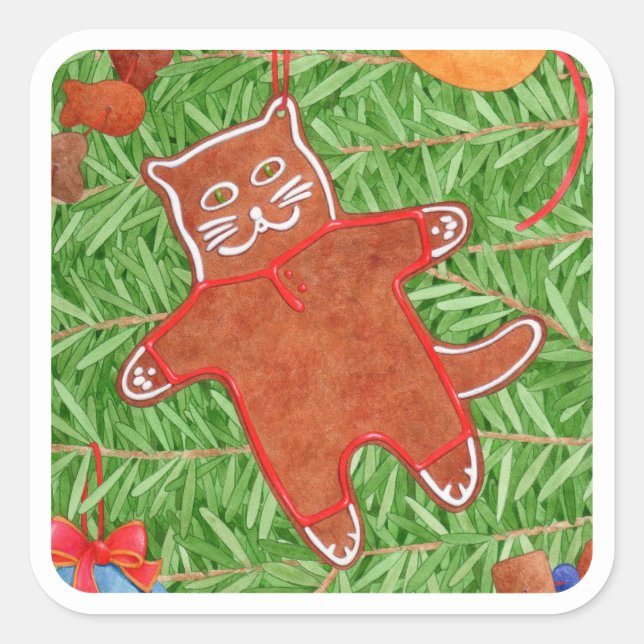 GINGERBREAD KITTY Large Square Sticker / White (Vorderseite)